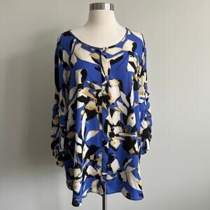 Ashley Stewart Geometric Career Work Wear Blouse Blue Tiered Sleeves 14/16W